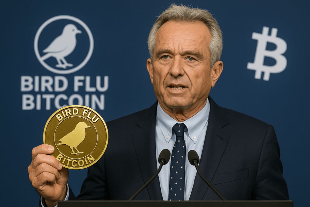 RFK announces America First Bird Flu Bitcoins at a Proud Boys rally to offset financial losses due to millions of Americans dying.