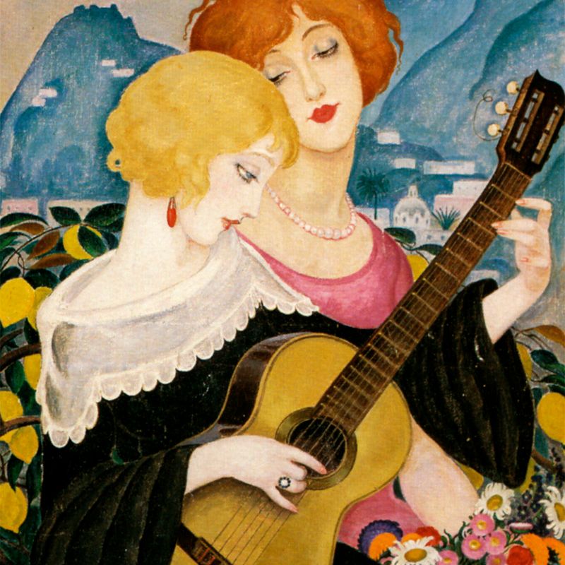 "Air de Capri," a painting by Gerda Wegener, from 1923. It is an Art Deco portrait of her in a black and white dress, playing a guitar. Her wife, the painter and transgender icon Lili Elbe, sits next to her, listening in rapt adoration. Lili is holding a bouquet of flowers in her lap, and there is a lemon tree, villa, and mountains behind them.