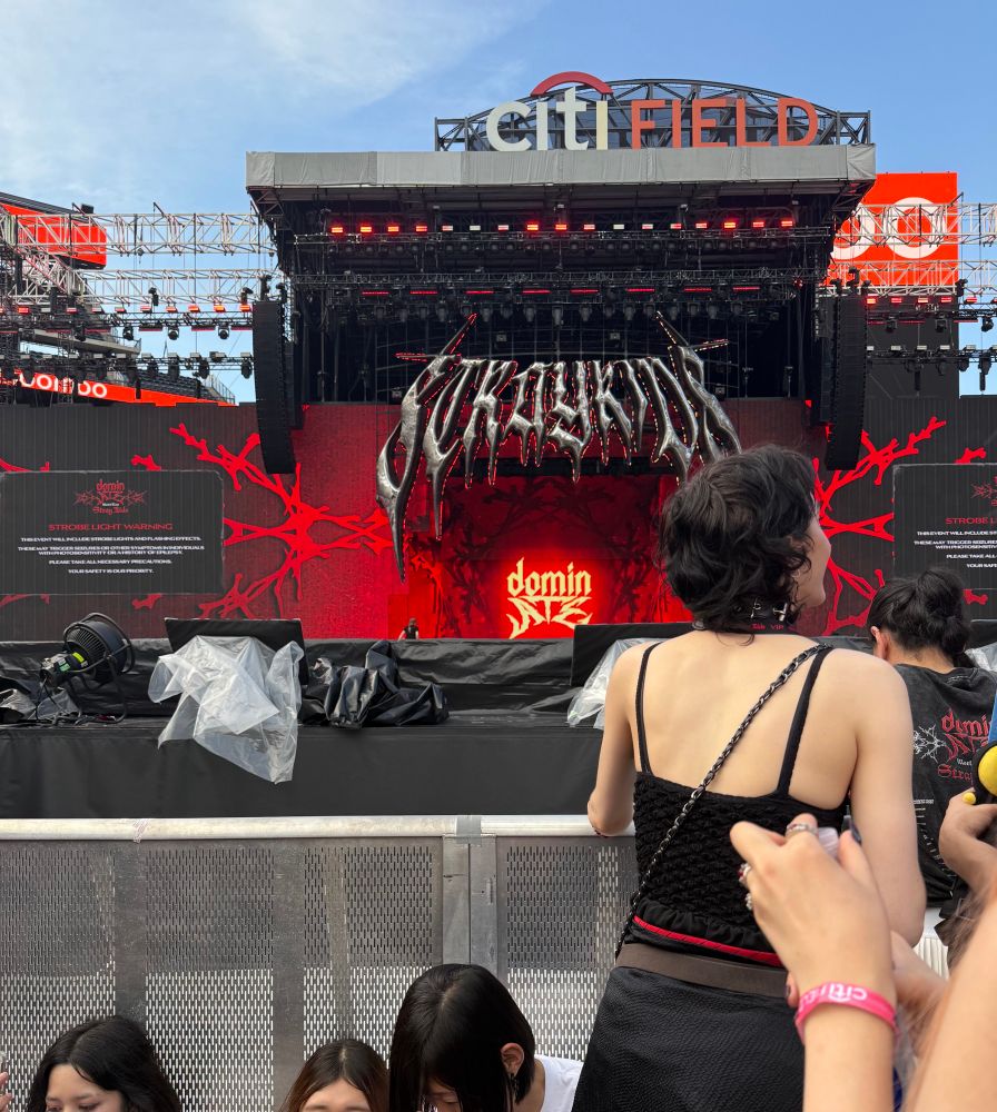 Post-Soundcheck view from the pit of the Dominate stage. We’re only about 3-4 people deep, and the first couple rows of people are seared against the barricade. 