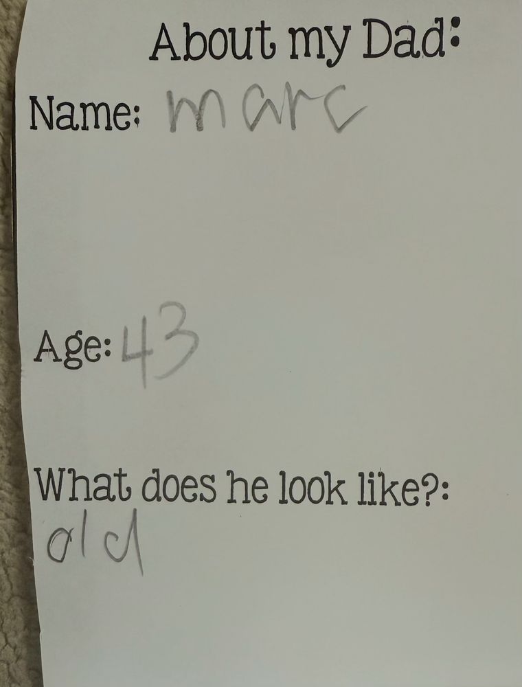 About my dad:
Name: Marc
Age: 43
What does he look like?: old