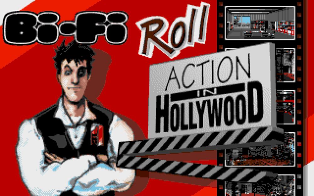 The title screen for "Bi-Fi Roll: Action in Hollywood" (1994). The main character, Lukas, stands with his arms folded below the Bi-Fi Roll logo and beside a clapperboard reading "Action in Hollywood". A film reel of scenes from the game runs down the side of the screen.