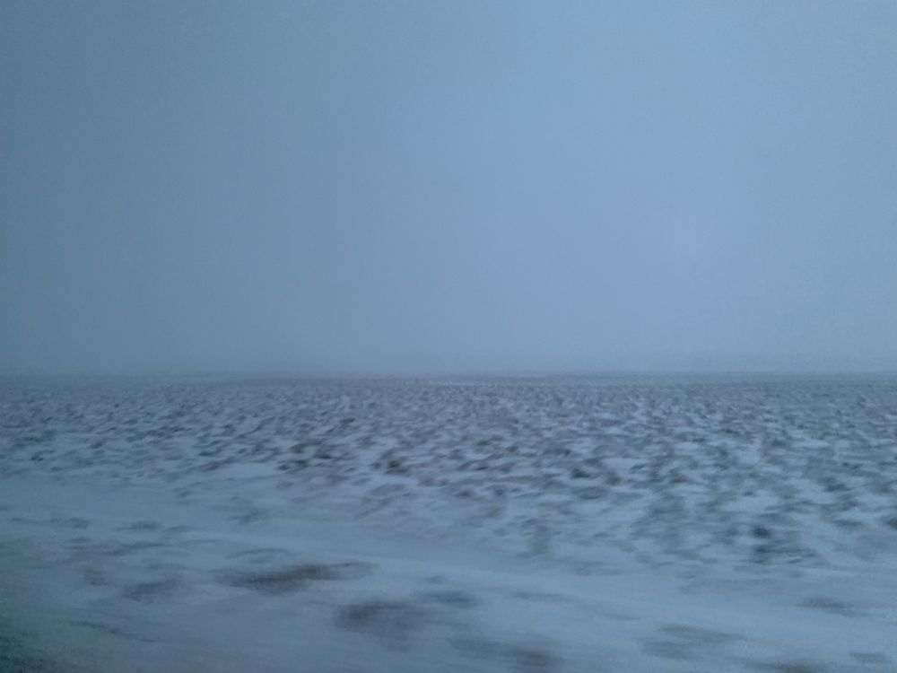 Bleak snowy landscape fading into mist 