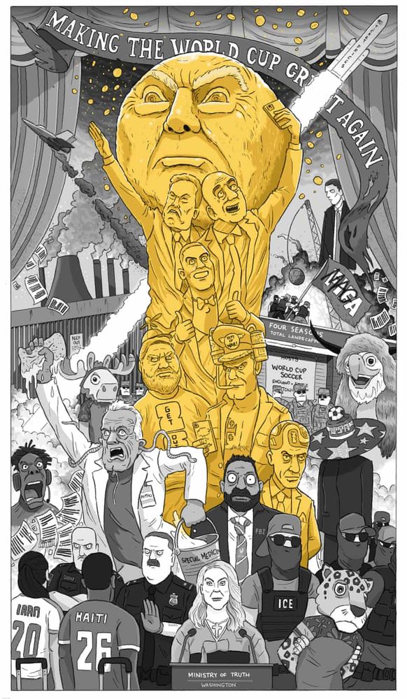 Editorial cartoon by David Squires/The Guardian featuring MAGA politicians and others about the US involvement in the World Cup