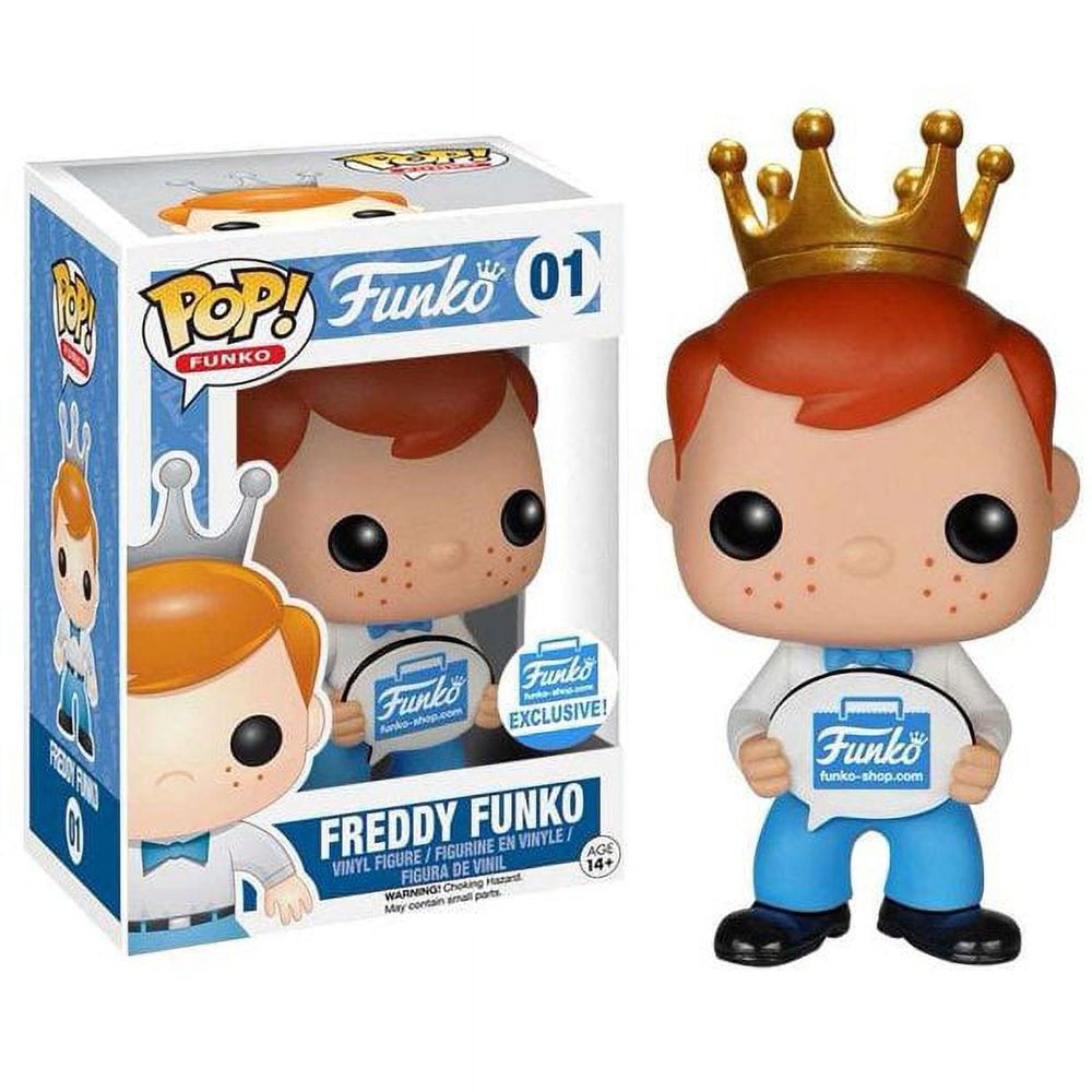 Freddy Funko, #01 in the line, looking like some horrible 1950s burger shop mascot and/or a bootleg Archie Andrews, wearing a giant gold crown and holding an ad for his own website