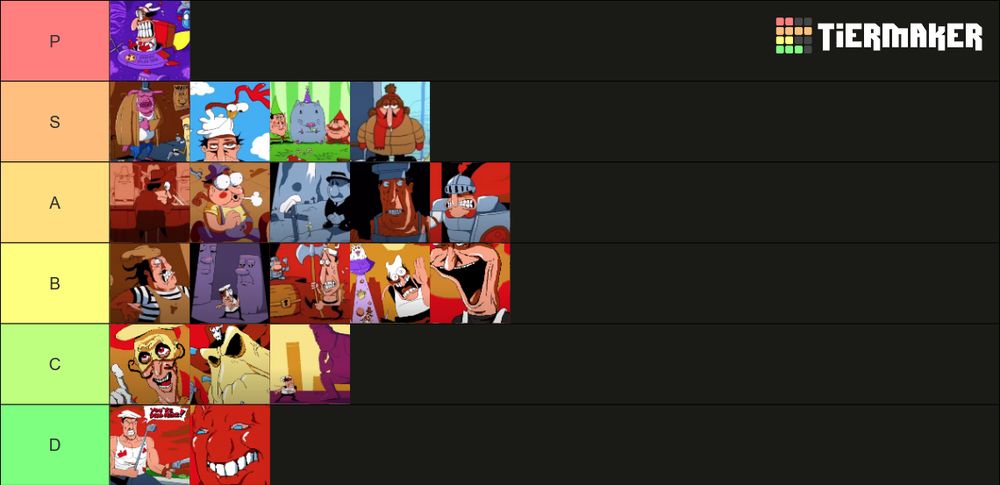 P: Deep-Dish 9
S: Pig City, Fun Farm, Gnome Forest, Refrigerator-Refrigerador-Freezerator
A: Fastfood Saloon, Oh Shit!, Wasteyard, Peppibot Factory, Pizzascape
B: Crust Cove, John Gutter, Bloodsauce Dungeon, Oregano Desert, VS. Fake Peppino
C: VS. The Noise, VS. The Vigilante, Ancient Cheese
D: GOLF, VS. Pepperman