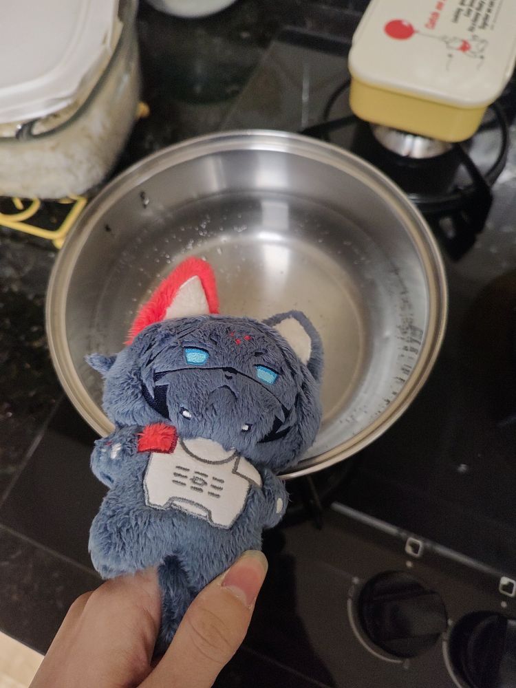 a photo of a cat kolibri plushie from signalis held over a pot with boiling water