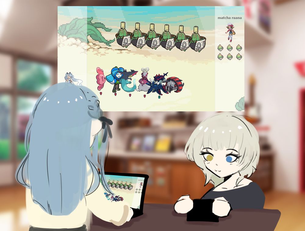 kaname raana from popular girls band anime bang dream it's mygo!!!!! playing a pokemon showdown match with togawa sakiko, also from popular girls band anime bang dream ave mujica: the dice is cast. raana's team consists of 6 sinistchas. the joke is that raana likes matcha so the pokemon with a matcha attack is