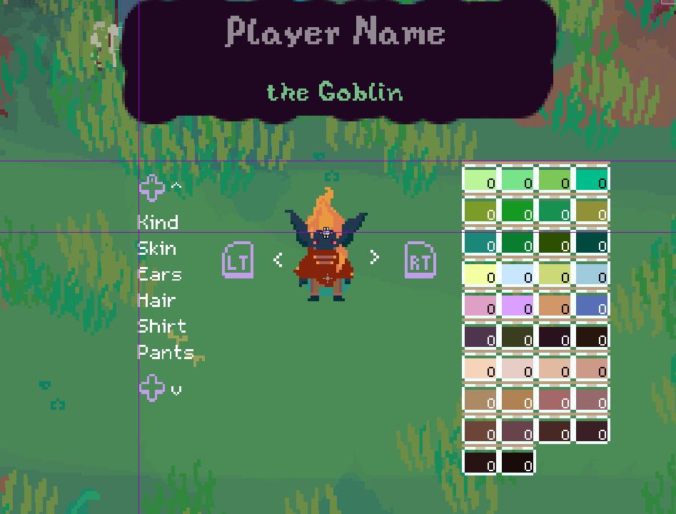 screenshot of an in engine scene that shows the character creation scene. You can see a pixelart goblin and different colors to pick as skin tones.