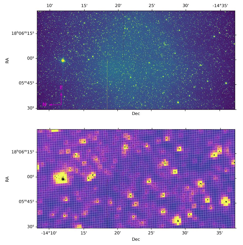 Top: A Tierras image of a crowded star field. Bottom: The same image overlaid on a TESS image of the field.