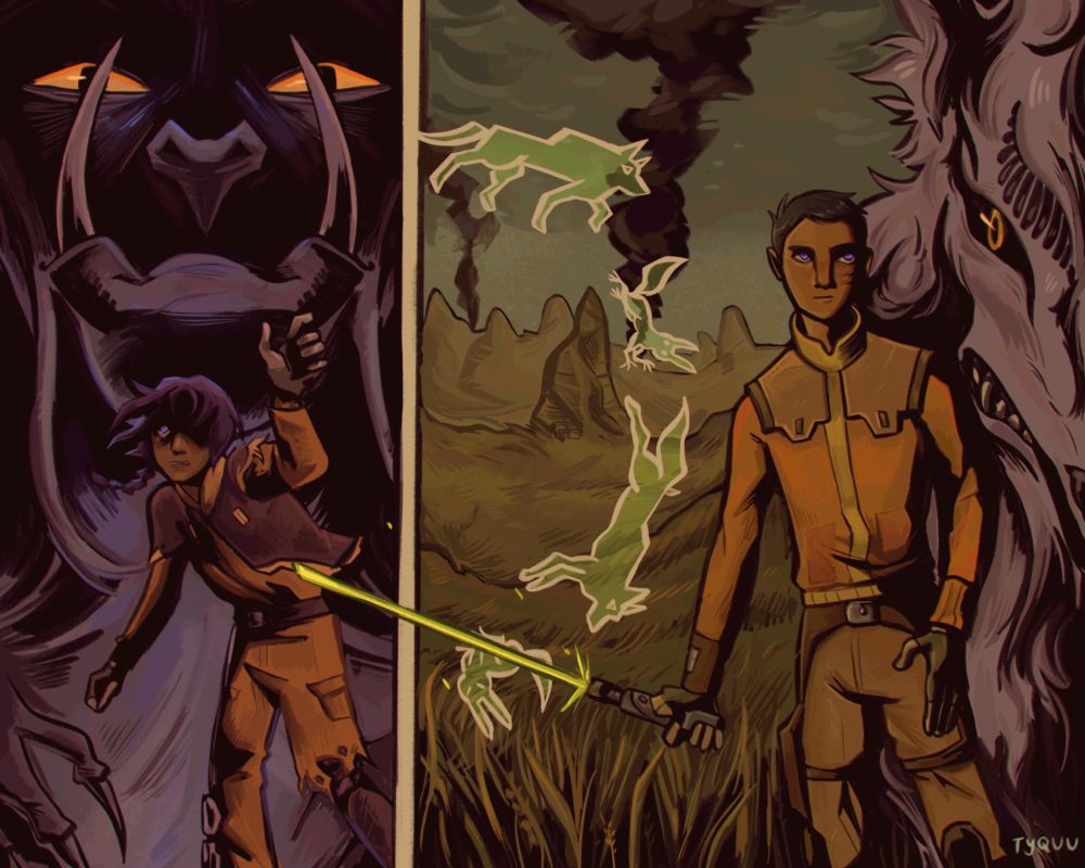 A drawing featuring Ezra Bridger. A young version of him summoning the mother Frynock depicted to the left, and 19 year old version of him standing in the fields of Lothal to the right, light saber in hand and a Loth wolf by his side. 