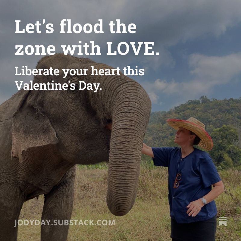 Left - female Asian elephant. Right - Jody Day, author of the piece is stroking the elephant's mouth under her trunk. In the background are the mountains of northern Thailand. Photo taken at Doilim Elephant Sanctuary. Overlaid with the tittle of Substack essay "Let's flood the zone with love: liberate your heart this Valentine's Day" and the URL jodyday.substack.com