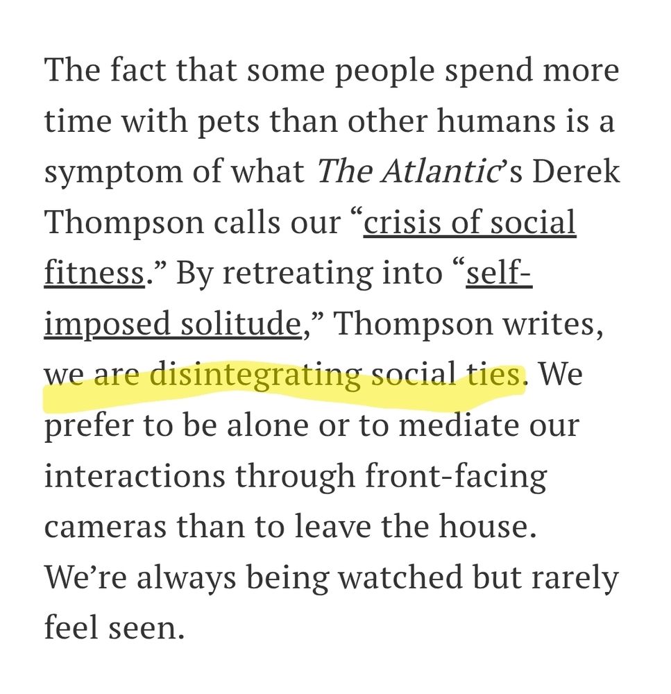 Screenshot from the article where I have highlight "we are disintegrating social ties." 
