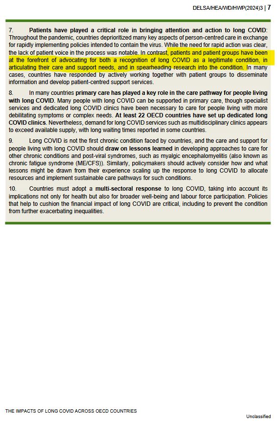 5. The economic and social welfare costs of long COVID are dramatic: Even excluding the direct costs of health care, long COVID is likely costing OECD countries as much as $864 billion $1.04 trillion USD per year due to reductions in quality of life and labour force participation. The limitations in activities experienced by long COVID patients, including dropping out or reducing their participation in the labour force, as well as direct medical care costs, can have dramatic implications on their financial well-being. Costs to health and social protection systems may also be high over time.  
6. Long COVID could further exacerbate inequalities: The COVID-19 pandemic brought attention to longstanding socioeconomic and demographic inequalities in health. Evidence from some countries suggests that certain groups – including populations with lower education attainment, and those living in more deprived areas – may be at risk of developing long COVID, and of experiencing more severe symptoms.
7. Patients have played a critical role in bringing attention and action to long COVID: Throughout the pandemic, countries deprioritized many key aspects of person-centred care in exchange for rapidly implementing policies intended to contain the virus. While the need for rapid action was clear, the lack of patient voice in the process was notable. In contrast, patients and patient groups have been at the forefront of advocating for both a recognition of long COVID as a legitimate condition, in articulating their care and support needs, and in spearheading research into the condition. In many cases, countries have responded by actively working together with patient groups to disseminate information and develop patient-centred support services.  

