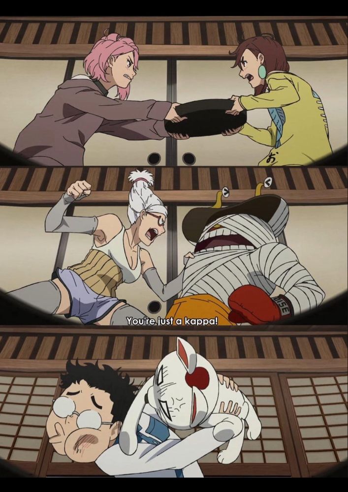 3 panel shot of a scene from the anime Dandadan where all the main characters are fighting while sharing a sushi dinner. Momo vs Aira. Granny Seiko vs. Alien. Okarun vs. Turbo Granny in lucky cat form