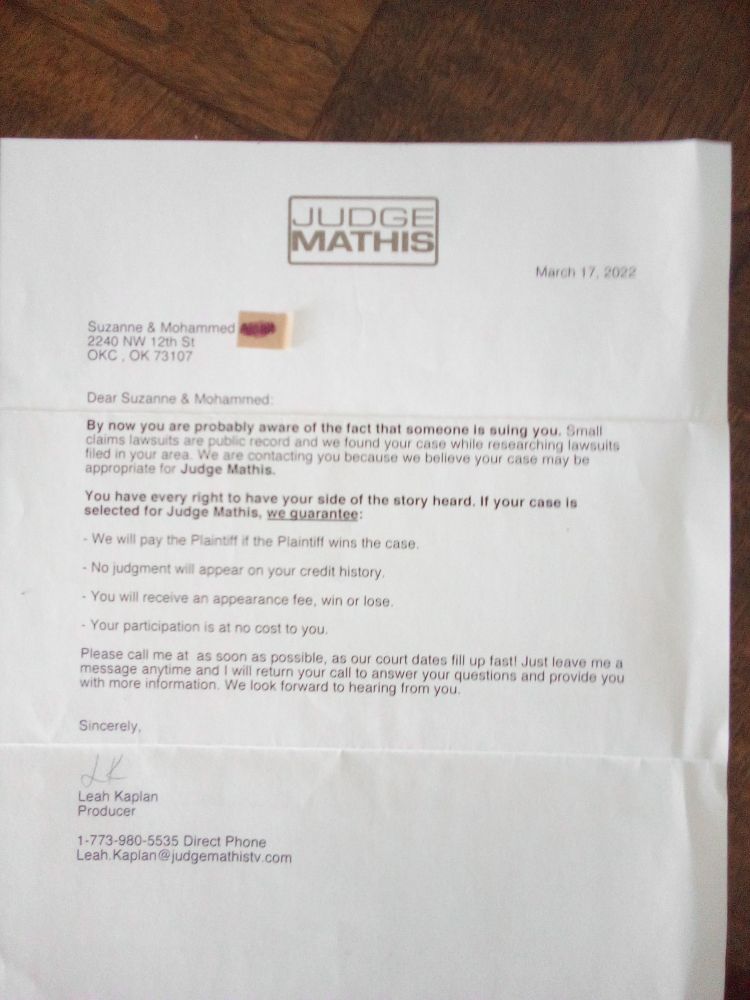 Letter from Judge Mathis to me and my son 