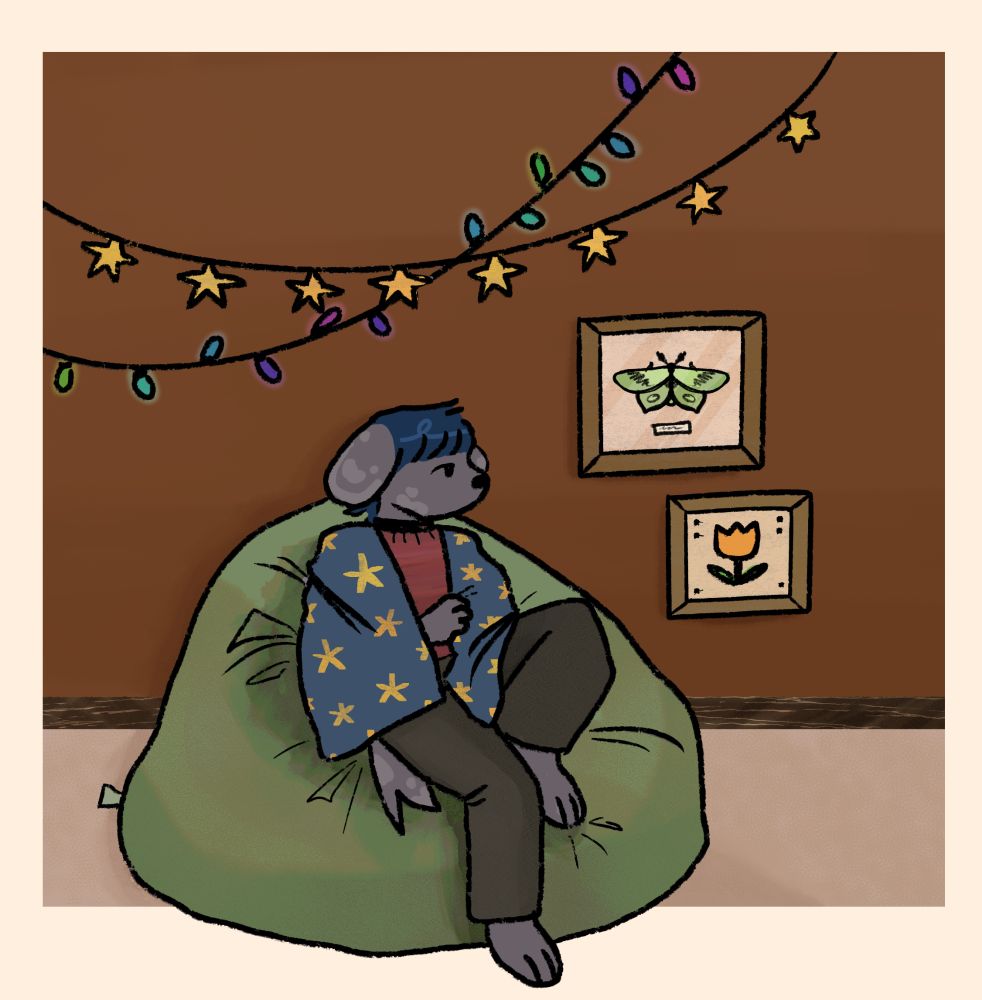 fullbody of an anthropomorphic dog with grey fur and dark blue hair sitting on a bean bag chair
stars and colored lights garlands hanging above him 
he is wearing warm clothes and is wrapped up in his starry blanket 