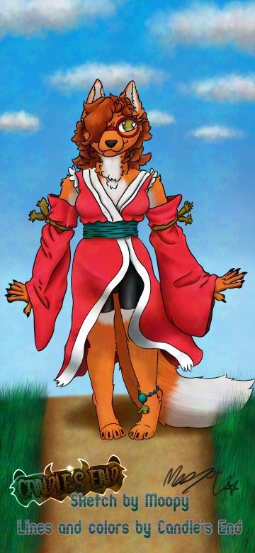 An anthropomorphic fox woman wearing a loosely fitted robe held closed with a green sash. She has red glasses. Part of her robe is open to show she's wearing black bicycle shorts. She's standing happily on a well-worn dirt path through some lush green grass. The sky above is blue, with some scattered clouds.
