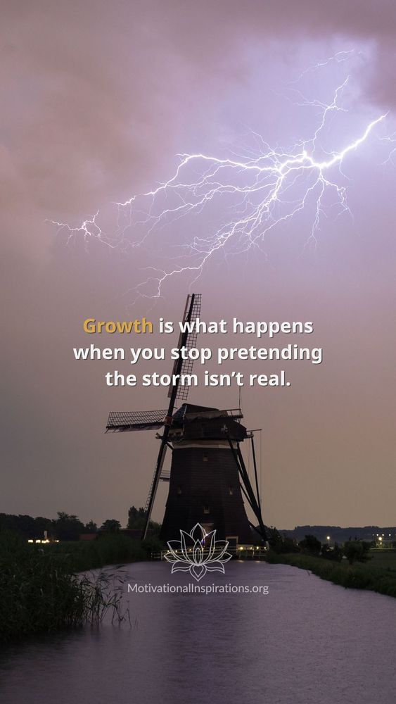 A windmill stands under a purple sky with lightning flashing above. Text reads: “Growth is what happens when you stop pretending the storm isn’t real.” 9×16 phone wallpaper featuring a motivational quote; created by Motivational Inspirations; optimized for 1080×1920.
