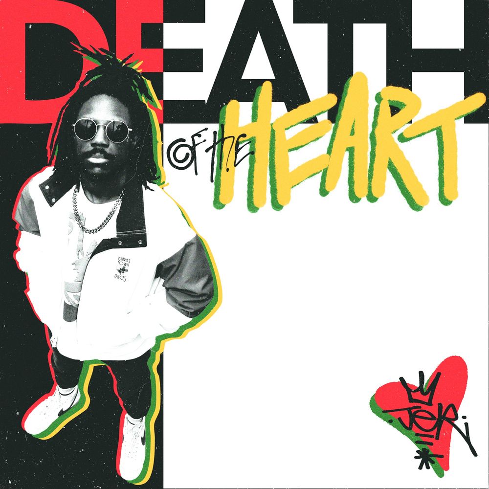 Death of the heart album artwork. The background is black and white, with a black and white image of JER looking up toward the camera, and stylized text in the back reads death of the heart. The JER logo sits in the bottom right corner 