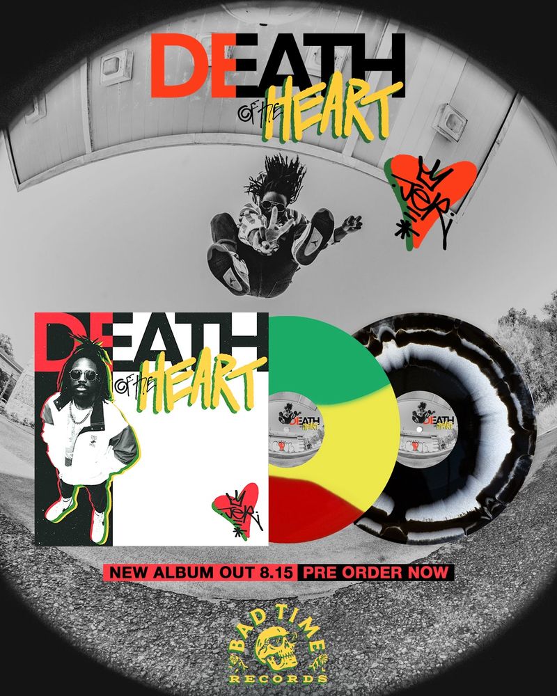Black and white fisheye image of JER jumping. Their hair is flying up as they point a peace sign toward the camera below them. Above them is the stylized title of the record “Death of the heart” the D and half the E is red while the rest of the text is black. Of the heart is more animated in style vs the bold font of Death. To the right of JER Is the JER graffiti tag within a red heart with a green shadow

An image of the album art, which includes the same tag heart logo in the bottom right over a white background.the left third of the background is black, and a monochrome cropped JER with a green and yellow  shadow looks up toward the camera. Text in a bold font reads DEATH followed by a stylised “of the heart”  a tricolor vinyl spins halfway out of the sleeve. Behind that is another black and white marble vinyl variant. Text below reads “new album out on 8.15. Preorder now” and below that is the bad time records logo 