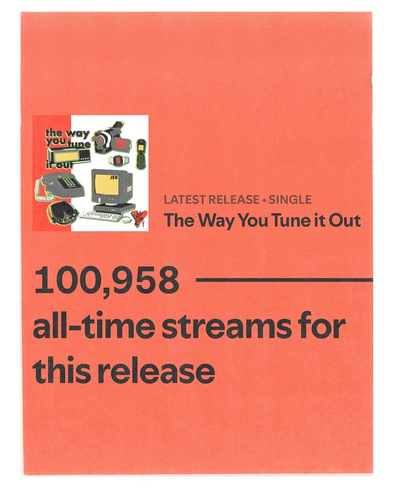 Orange background with a white border. In the middle to the right, single art for the way you tune it out. To the right of that says latest release - single the way you tune it out. Under that is the number 100,958 followed by a horizontal bar. Text under that reads “all time streams for this release”