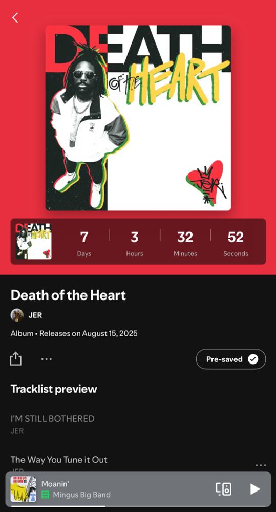 Screenshot of Spotify, the album cover for death of the heart. Under it is a countdown clock that says 7 days 3 hours 32 minutes 52 seconds