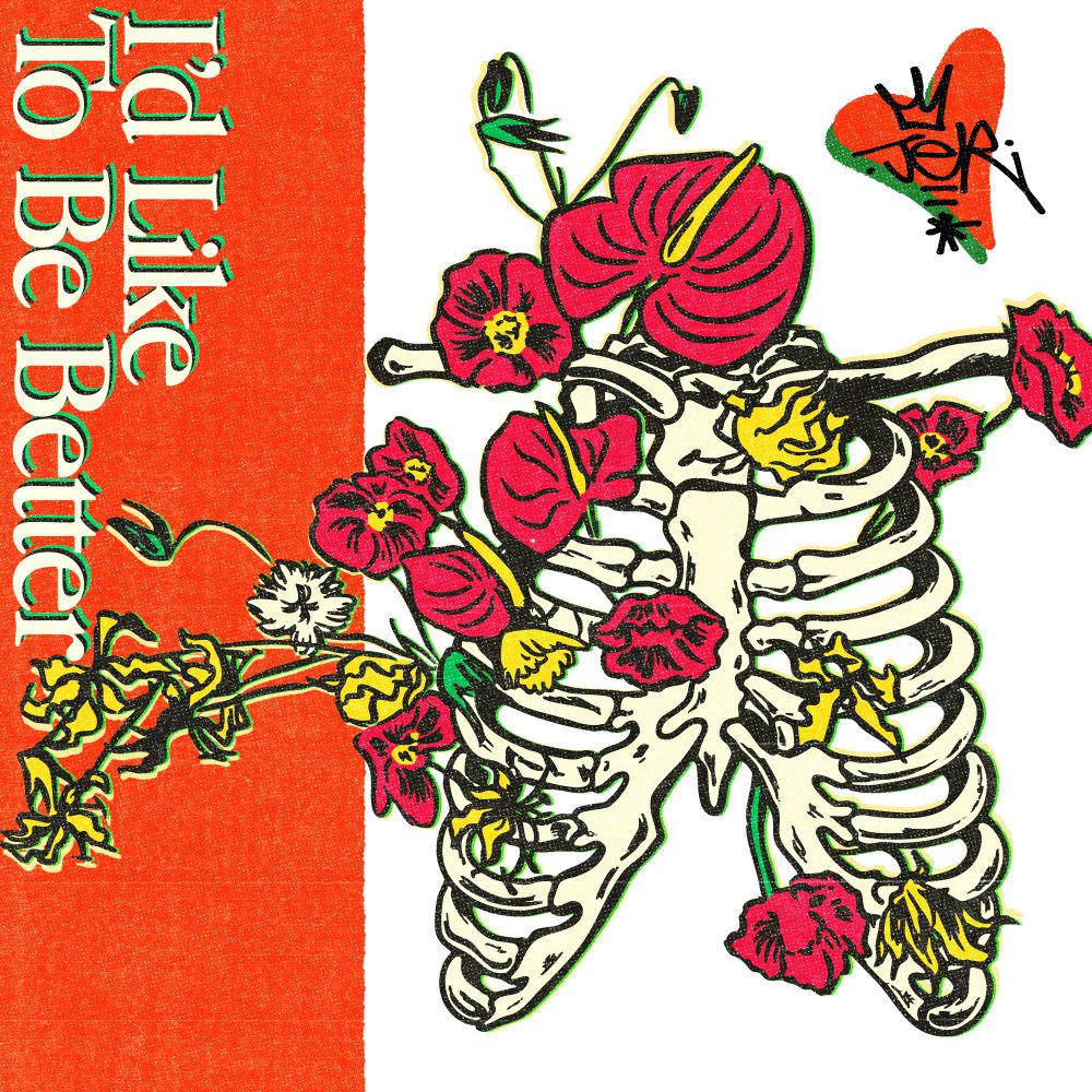 Artwork of a ribcage, and flowers growing out from within the rib cage. The image sits over a white and red background. To the left? Text reads “I’d like to be better” and the JER logo sits In The top right corner 
