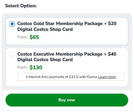 Screenshot of purchase options, with "Costco Gold Star Membership + $20 Digital Costco Shop Card" listed at $65 and "Costco Executive Membership Package + $40 Digital Costco Shop Card" at $130.