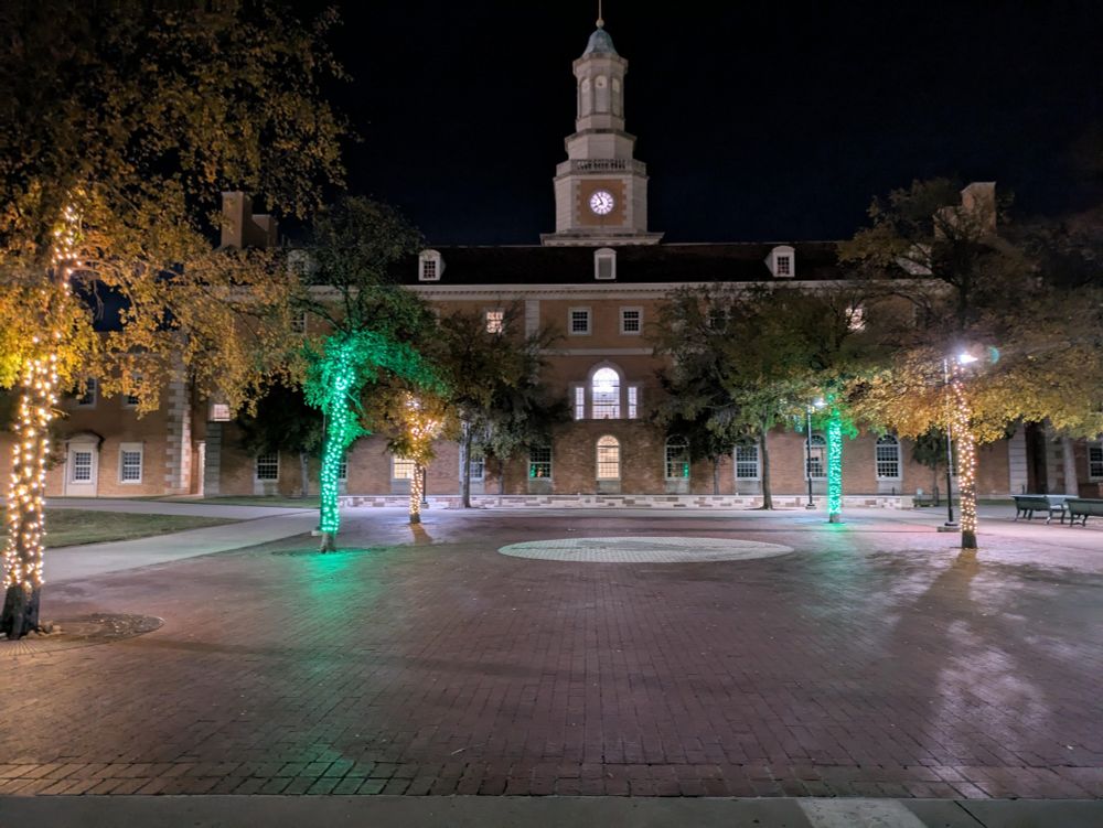 Hurley administration with some trees in view that have Christmas lights that are alternating green and white 