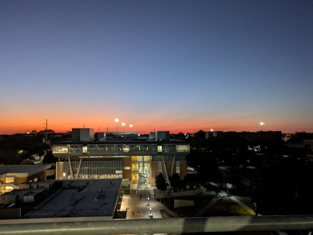 A photo of a skyline with the Business Leadership Building in view