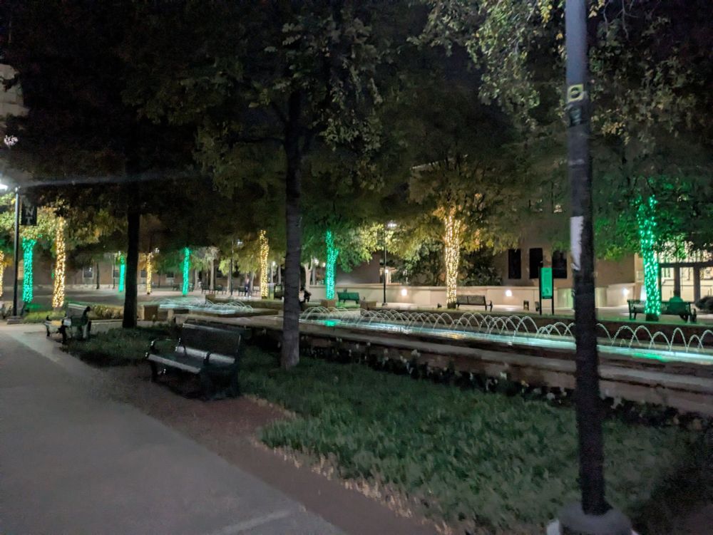 Library mall with some festive trees that have Christmas lights that are alternating green and white