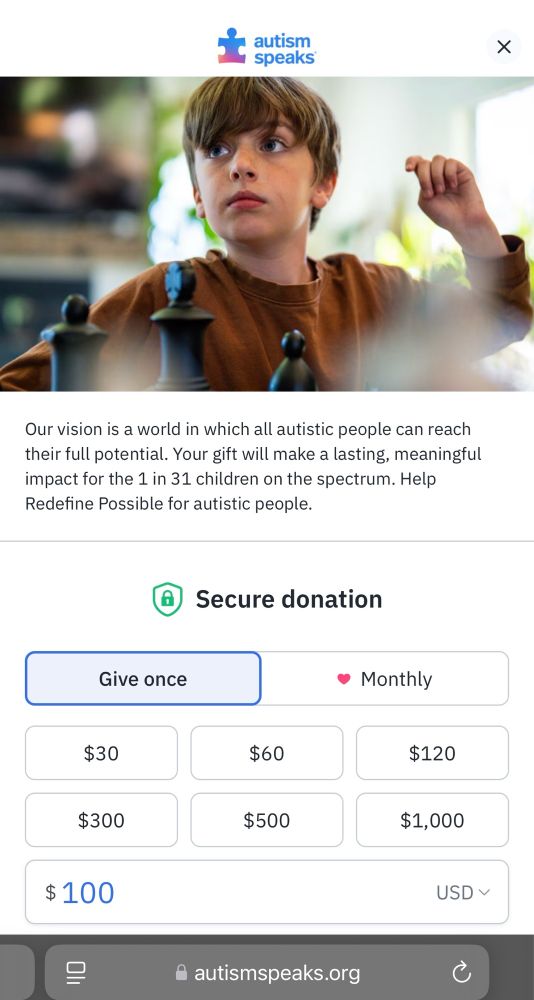 Screen shot of the first screen entering autism speaks website offering options for one time or monthly donations of varying dollar amounts