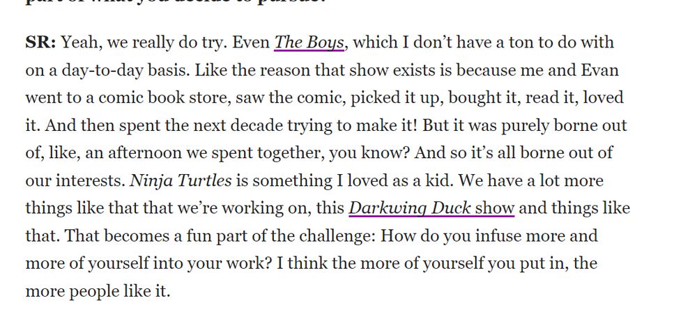 Actual screenshot from the Seth Rogen interview that reveals Rogen was speaking about the Boys, and not Darkwing Duck.