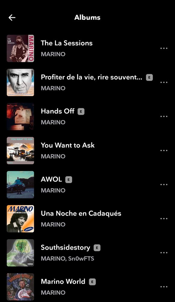 Screenshot of Marino's Tidal page, full of music not actually made by Marino 