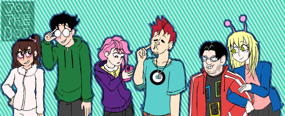 DanDaDan characters Momo Ayase, Ken "Okarun" Takakura, Aira Shiratori, Jin "Jiji" Enjoji, Kinta "Kinny" Sakata, and Vamola/Bamora with designs that make them look older. Momo is wearing glasses and has a high ponytail with longer hair. She's looking at Okarun while blushing. Okarun is blushing as well, with a more slick back hairstyle and foggy glasses, as well as being significantly taller. Aira is checking her phone disinterested. She's wearing lipstick, but seems to look mostly the same. Jiji is making a funny face while staring off into space. He's got hair on his chin, piercings on his nose and ears, and has shorter hair. Kinta looks mostly the same, but now with facial hair. He's sporting a proud expression with Vamola wrapped around his arm. Vamola herself looks taller, with much longer hair.