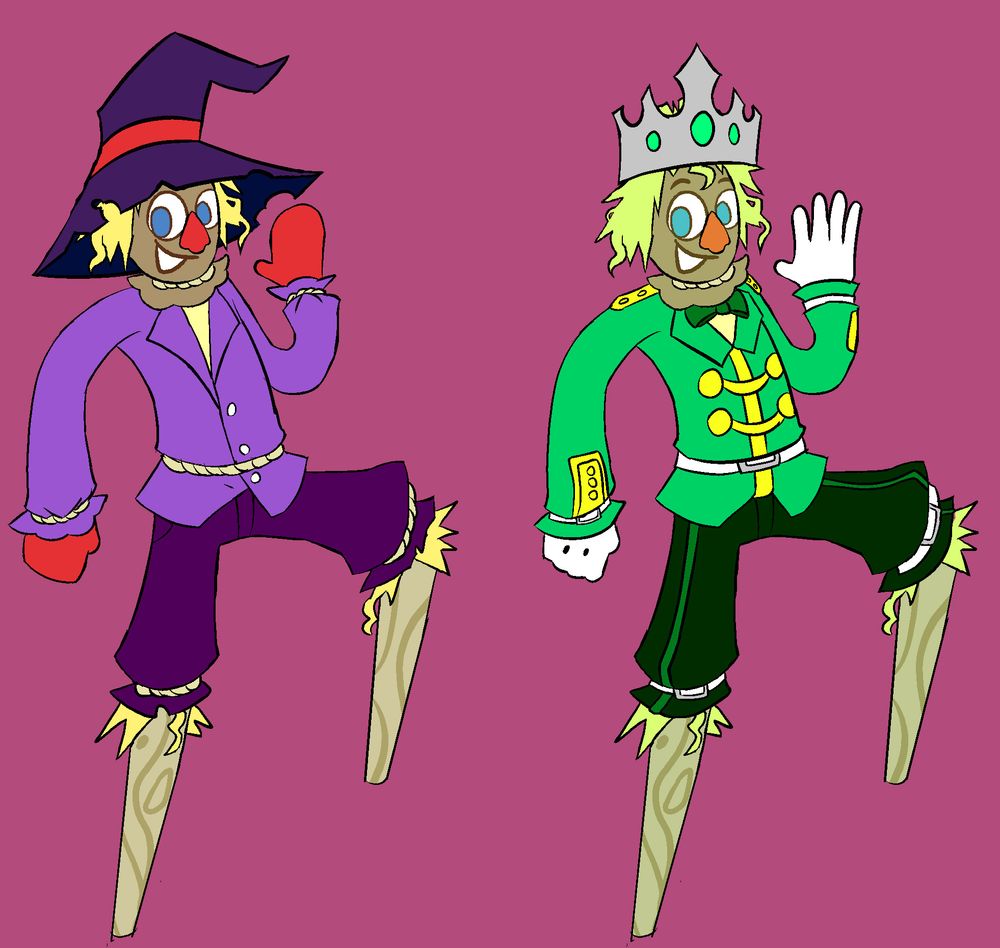 Two designs for Mr. Scarecrow. On the right, he's got mostly purple clothes, with a dark purple hat. Hay stuffing flows from beneath his hat, resembling hair. He has red mittens and long stilt-like wooden legs. On the left, his clothes are much more refined, now wearing a green suit and a silver crown with green gems, his mittens replaced with fancy white gloves.