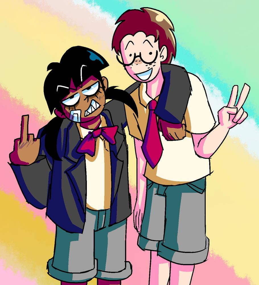 Art of Leo and Rosie, two of the artists' original characters. Rosie has her arm wrapped around Leo, who is slightly hunched over to allow her to do this. They're both looking at the camera, with Leo doing a peace gesture and Rosie holding out her middle finger.