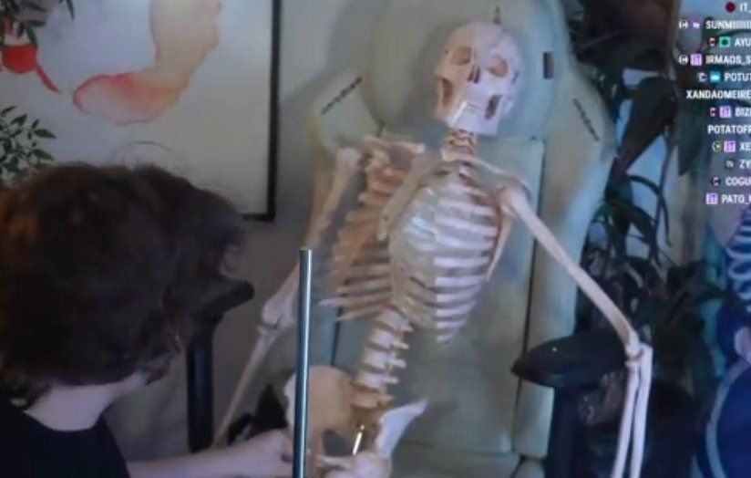 Screenshot of a Livestream with an fake skeleton looking at the camera