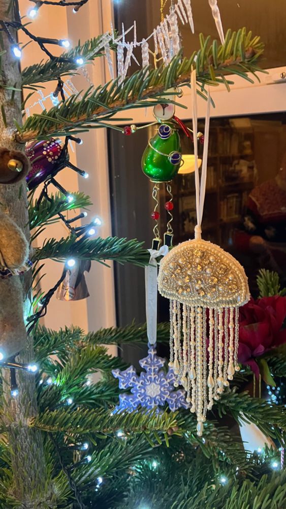 Section of Christmas tree against the darkness of a window, showing a selection of dangling ornaments. Chiefly a heavily beaded jellyfish (but also a Wedgwood Blue Jasper snowflake, a mostly obscured angel made from Coke cans, and a bizarre reindeer sort of affair with two dangling legs.
