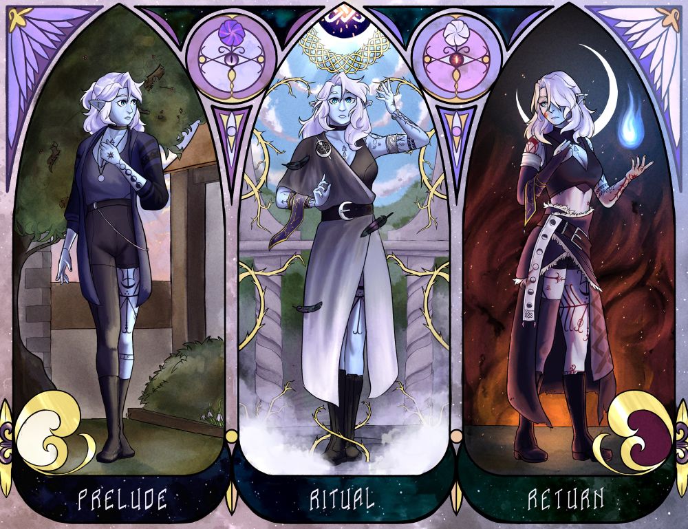 A triptych depicted Bruxa at different stages of her journey. The first, ‘Prelude,’ has her on a morning day wearing a blue cardigan in a garden. The second, ‘Ritual,’ has her standing among pillared architecture, golden thorns weaving around the frame and the sun replaced by a sigil. The final, ‘Return,’ has her standing under a crescent with flames in the background. A smear of blood is on her cheek, and a cold look in her eyes. 
