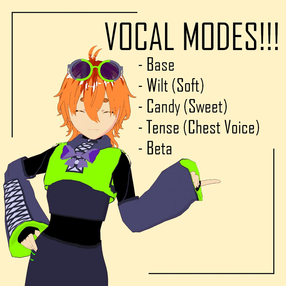 VOCAL MODES!!
- Base
- Wilt (Soft)
- Candy (Sweet)
- Tense (Chest Voice)
- Beta