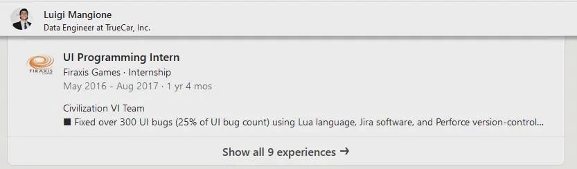 Luigi's job experience include working at Firaxis on Civilization's UI team as an intern