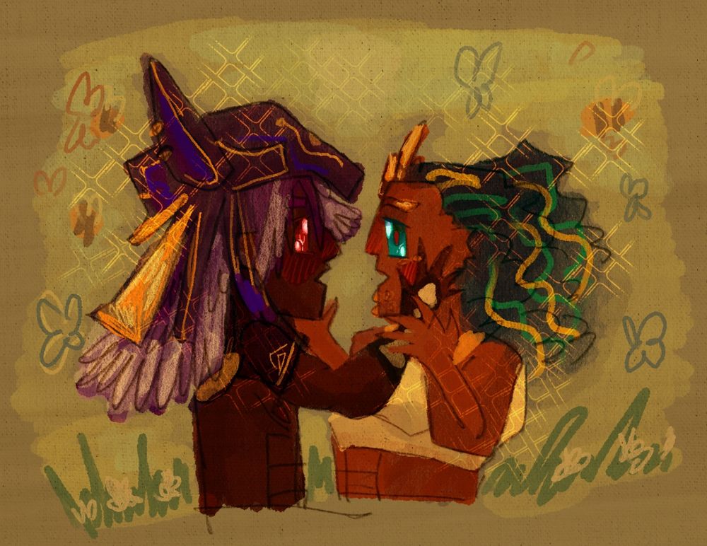 Cyno and Oarls in an ironic and over exaggerated anime style reminiscent to beginner anime art, holding each others faces and gazing lovingly 