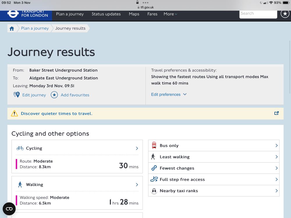 TfL journey planner lists moderate cycle option between Baker Street & Aldgate Tube of 30 minutes