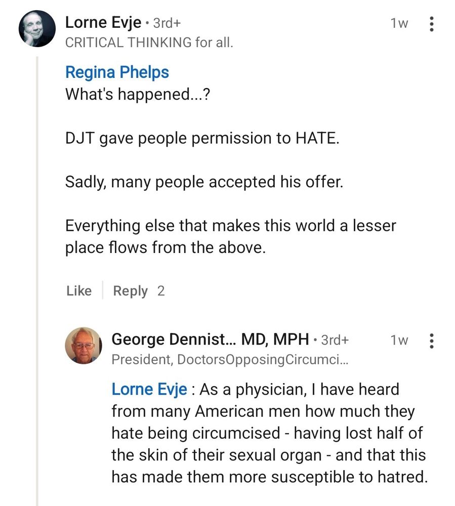 LinkedIn post saying Trump gave permission to hate, reply saying this is due to widespread circumcision