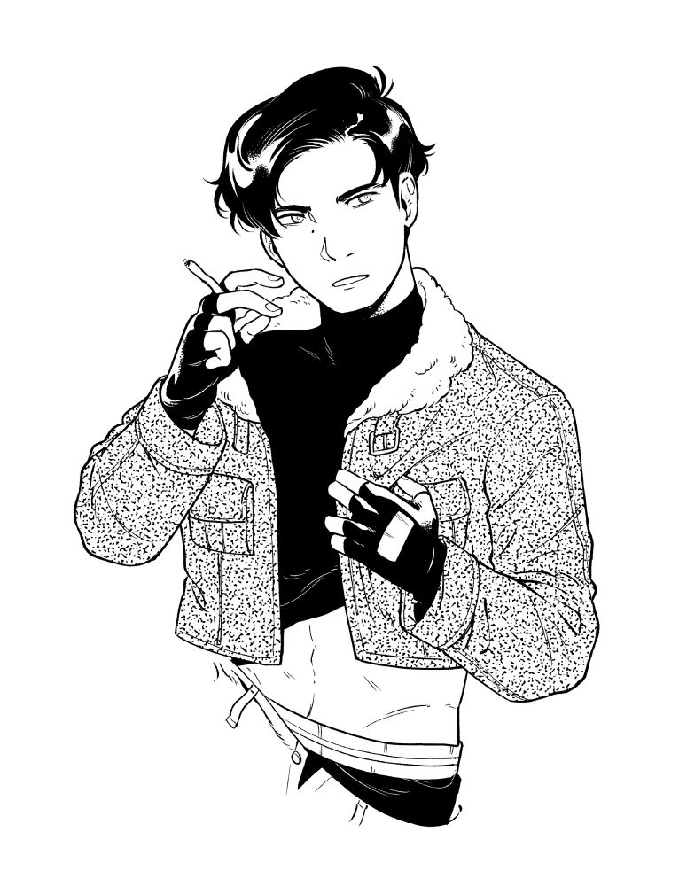 my OC putting on their jacket while holding some chewed on candy sucker stick.