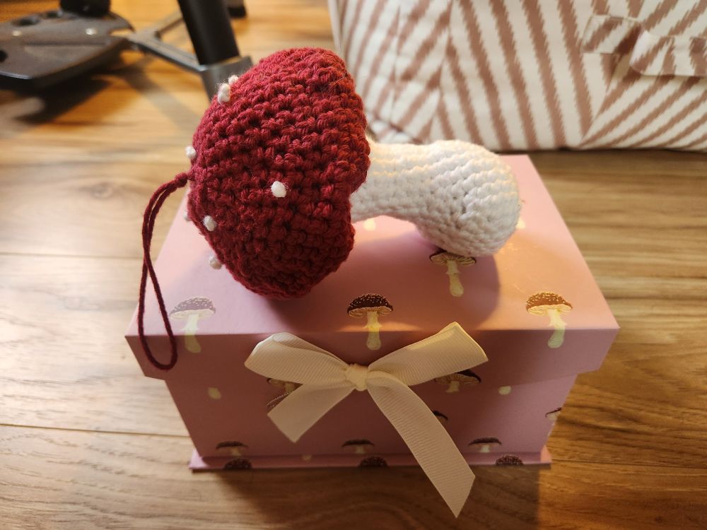A red and white crocheted mushroom sitting on top of a pink box decorated with mushrooms and a white bow 🧶🧵🍄