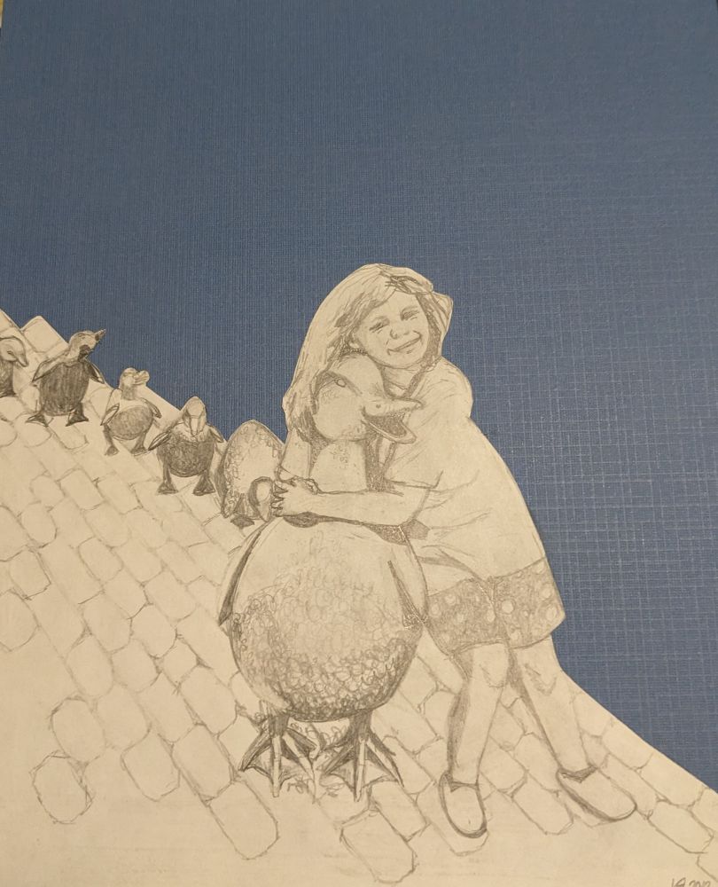 Pencil sketch cutout on a piece of textured blue cardstock. Sketch is of me at about 7, awkwardly bending to hug a bronze mallard duck statue. I have shoulder length hair which is covering the ducks head. Behind the mama duck are 5 baby ducks visible. 
