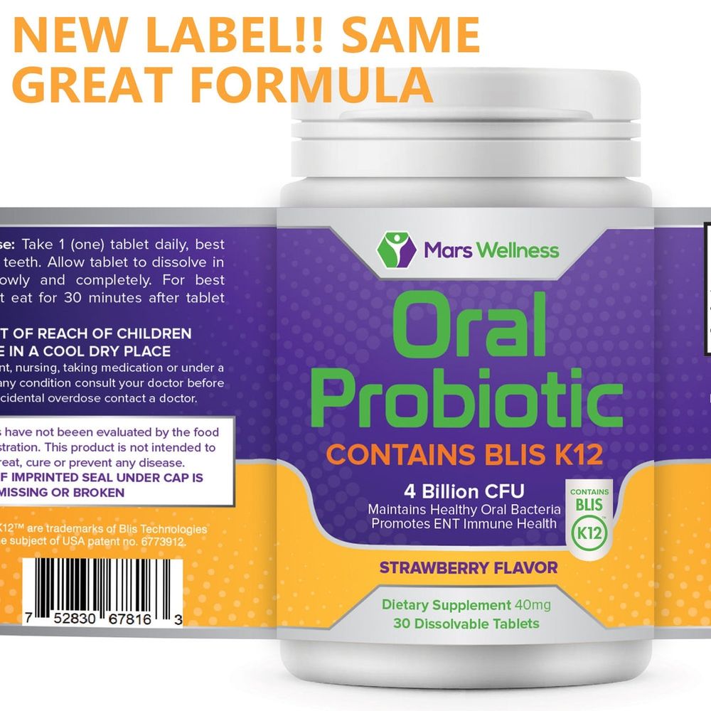 Photograph of the label of a bottle of Mars Wellness oral probiotic contains Bliss K12 4 billion cfu. Maintains healthy oral bacteria promotes ENT immune health. Strawberry flavor. Dietary supplement, 40 mg. 30 dissolvable tablets.