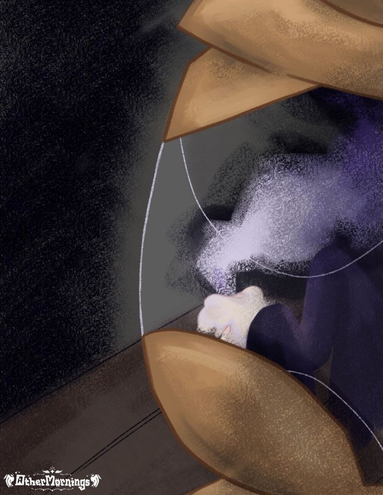 a melting mornie hiding in her lantern, her wings merging with the smoke from her flame that's bigger than herself as she gets smaller and smaller. darkness surrounds her